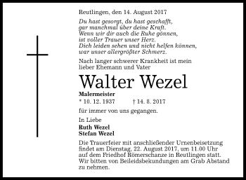 Anzeige von Walter Wezel von Reutlinger General-Anzeiger