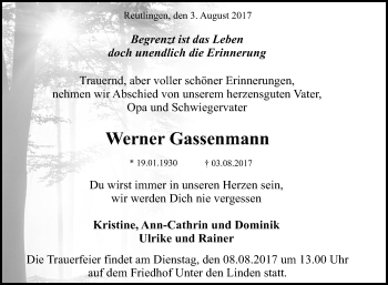 Anzeige von Werner Gassenmann von Reutlinger General-Anzeiger