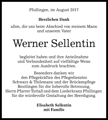 Anzeige von Werner Sellentin von Reutlinger General-Anzeiger