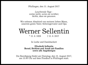 Anzeige von Werner Sellentin von Reutlinger General-Anzeiger