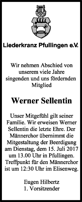 Anzeige von Werner Sellentin von Reutlinger General-Anzeiger