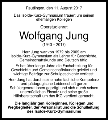Anzeige von Wolfgang Jung von Reutlinger General-Anzeiger
