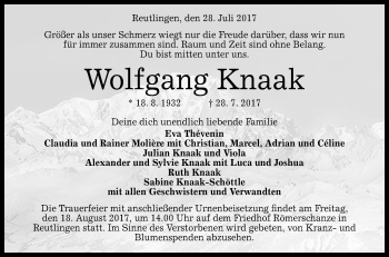 Anzeige von Wolfgang Knaak von Reutlinger General-Anzeiger