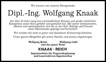 Anzeige von Wolfgang Knaak von Reutlinger General-Anzeiger