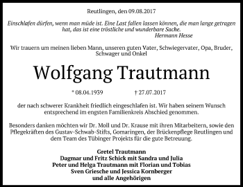 Anzeige von Wolfgang Trautmann von Reutlinger General-Anzeiger