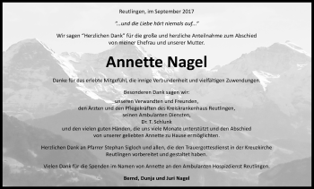 Anzeige von Annette Nagel von Reutlinger General-Anzeiger