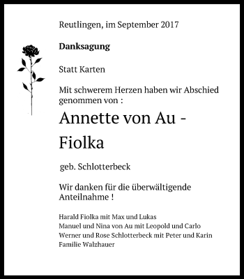 Anzeige von Annette von Au-Fiolka von Reutlinger General-Anzeiger