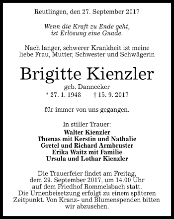 Anzeige von Brigitte Kienzler von Reutlinger General-Anzeiger