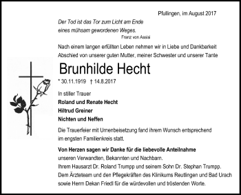 Anzeige von Brunhilde Hecht von Reutlinger General-Anzeiger