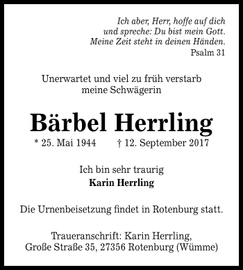 Anzeige von Bärbel Herrling von Reutlinger General-Anzeiger