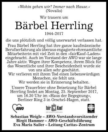 Anzeige von Bärbel Herrling von Reutlinger General-Anzeiger