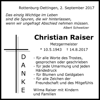 Anzeige von Christian Raiser von Reutlinger General-Anzeiger