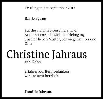 Anzeige von Christine Jahraus von Reutlinger General-Anzeiger