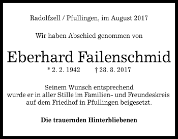 Anzeige von Eberhard Failenschmid von Reutlinger General-Anzeiger