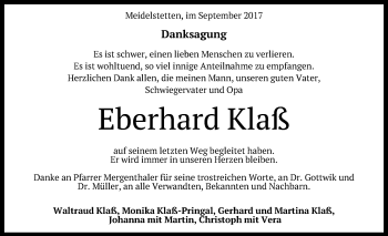 Anzeige von Eberhard Klaß von Reutlinger General-Anzeiger