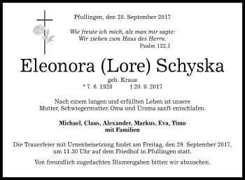 Anzeige von Eleonora Schyska von Reutlinger General-Anzeiger