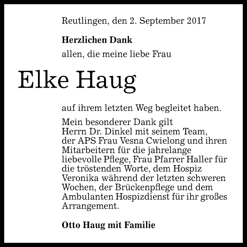  Traueranzeige für Elke Haug vom 02.09.2017 aus Reutlinger General-Anzeiger