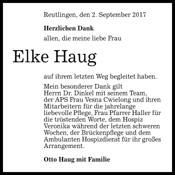Anzeige von Elke Haug von Reutlinger General-Anzeiger