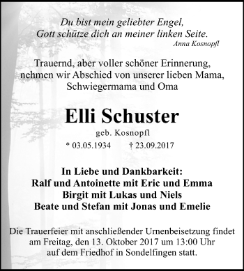 Anzeige von Elli Schuster von Reutlinger General-Anzeiger