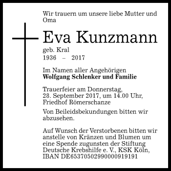 Anzeige von Eva Kunzmann von Reutlinger General-Anzeiger