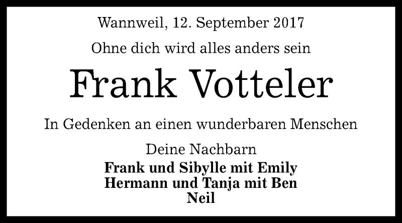  Traueranzeige für Frank Votteler vom 12.09.2017 aus Reutlinger General-Anzeiger