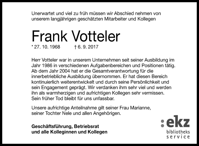  Traueranzeige für Frank Votteler vom 13.09.2017 aus Reutlinger General-Anzeiger