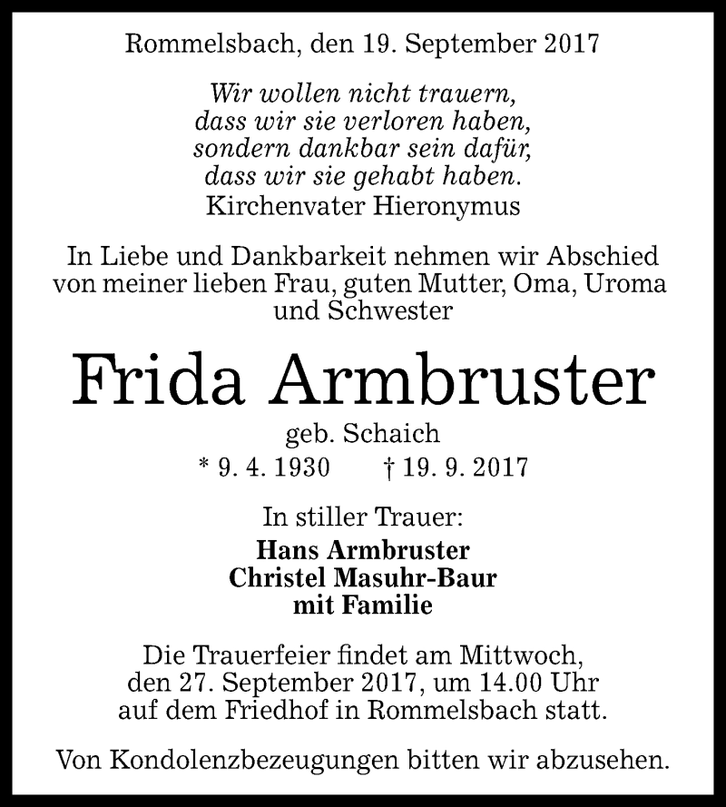  Traueranzeige für Frida Armbruster vom 25.09.2017 aus Reutlinger General-Anzeiger