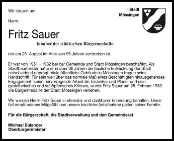 Anzeige von Fritz Sauer von Reutlinger General-Anzeiger