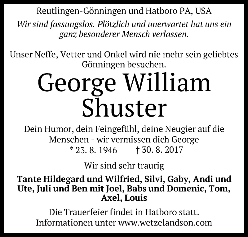  Traueranzeige für George William Shuster vom 05.09.2017 aus Reutlinger General-Anzeiger