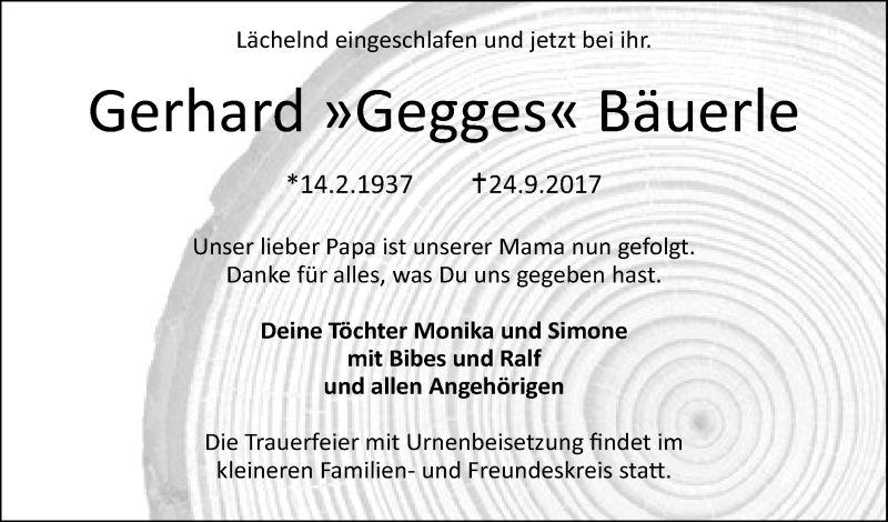  Traueranzeige für Gerhard  Bäuerle vom 30.09.2017 aus Reutlinger General-Anzeiger