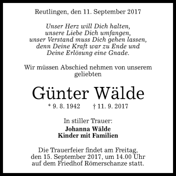 Anzeige von Günter Wälde von Reutlinger General-Anzeiger