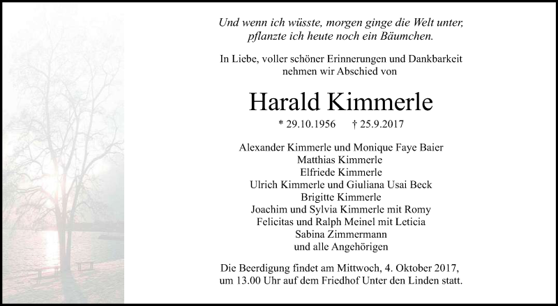  Traueranzeige für Harald Kimmerle vom 29.09.2017 aus Reutlinger General-Anzeiger