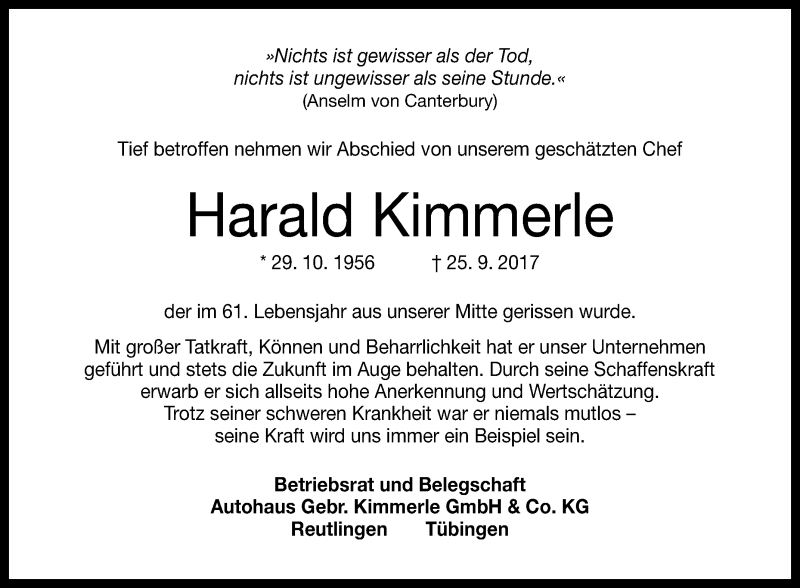  Traueranzeige für Harald Kimmerle vom 29.09.2017 aus Reutlinger General-Anzeiger