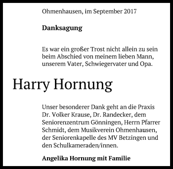 Anzeige von Harry Hornung von Reutlinger General-Anzeiger