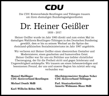 Anzeige von Heiner Geißler von Reutlinger General-Anzeiger