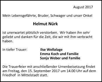 Anzeige von Helmut Nürk von Reutlinger General-Anzeiger