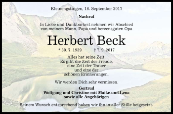 Anzeige von Herbert Beck von Reutlinger General-Anzeiger