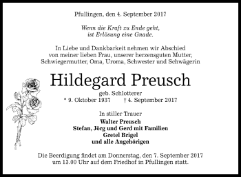 Anzeige von Hildegard Preusch von Reutlinger General-Anzeiger