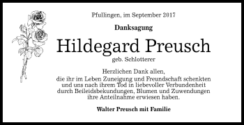 Anzeige von Hildegard Preusch von Reutlinger General-Anzeiger