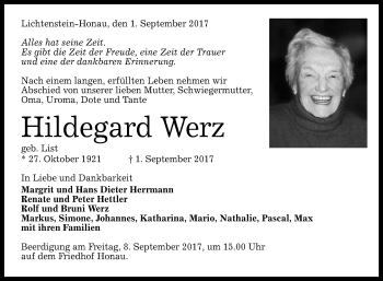 Anzeige von Hildegard Werz von Reutlinger General-Anzeiger