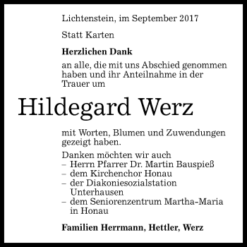 Anzeige von Hildegard Werz von Reutlinger General-Anzeiger