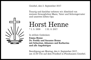 Anzeige von Horst Henne von Reutlinger General-Anzeiger