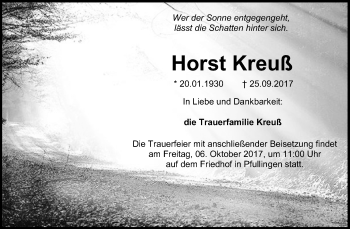 Anzeige von Horst Kreuß von Reutlinger General-Anzeiger