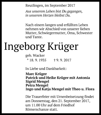 Anzeige von Ingeborg Krüger von Reutlinger General-Anzeiger