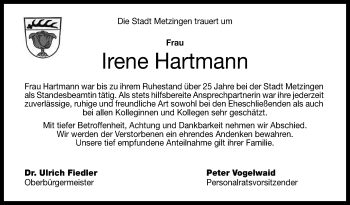 Anzeige von Irene Hartmann von Reutlinger General-Anzeiger