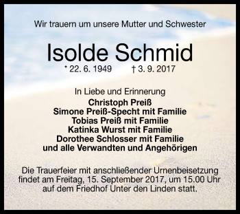 Anzeige von Isolde Schmid von Reutlinger General-Anzeiger
