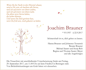 Anzeige von Joachim Brauner von Reutlinger General-Anzeiger