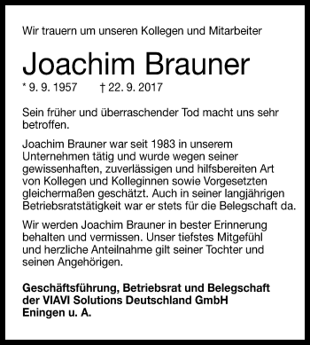Anzeige von Joachim Brauner von Reutlinger General-Anzeiger