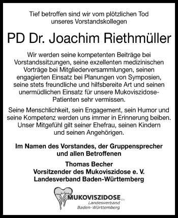 Anzeige von Joachim Riethmüller von Reutlinger General-Anzeiger
