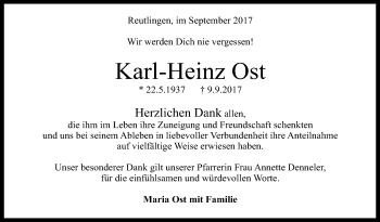 Anzeige von Karl-Heinz Ost von Reutlinger General-Anzeiger